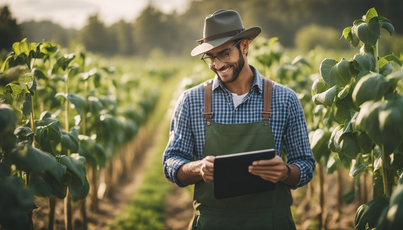 Um microempreendedor rural gerenciando sua fazenda, organizando as finanças e planejando projetos futuros
