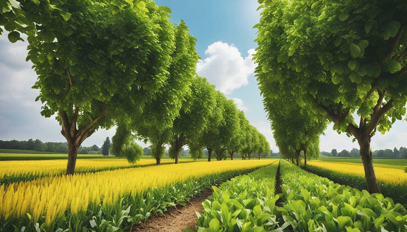 Um campo agrícola vibrante com uma variedade de culturas crescendo em fileiras organizadas, cercado por uma vegetação exuberante e sob um céu ensolarado.