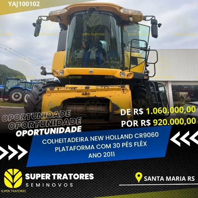 Colheitadeira New Holland CR9060 ano 2011, C/PL de 30 pés fléx.