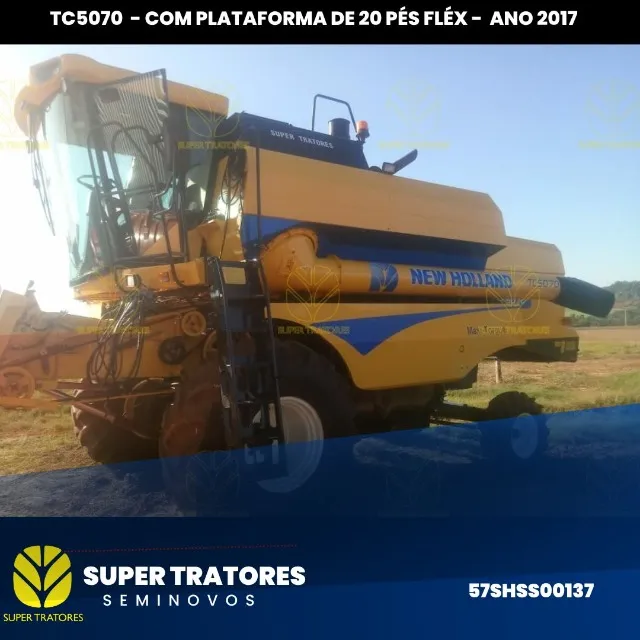 Colheitadeira Sojeira New Holland TC5070, ano 2017 C/PL de 20 pés fléx.
