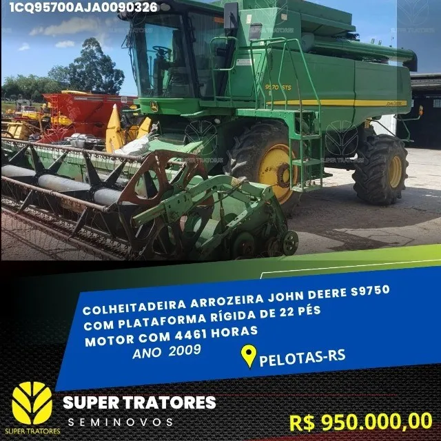 Colheitadeira Arrozeira John Deere STS9570 ano 2009, C/PL 22 pés rígida.