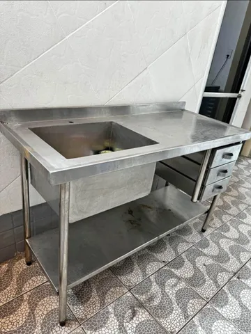 Bancada inox de cuba funda com paneleiro e gaveteiro