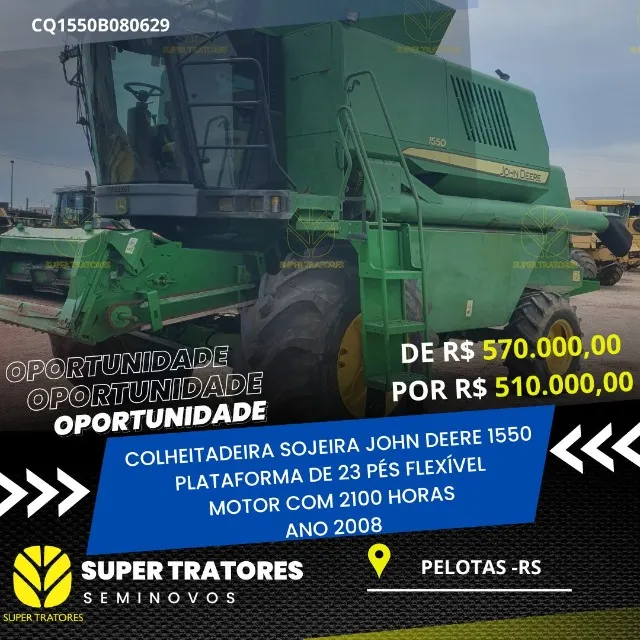 Colheitadeira John Deere 1550 Sojeira ano 2008, com Plat. 23 pés.