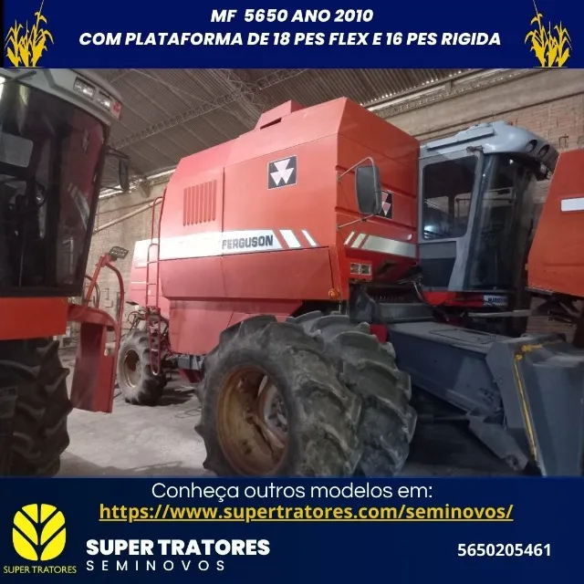 Colheitadeira MF 5650 ano 2010 com plataforma de 16 pés rígida e 18 pés fléx.