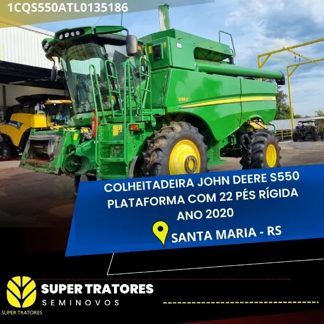 Colheitadeira de arroz JD S550 ano 2020 com plataforma de 22 pés rígida.