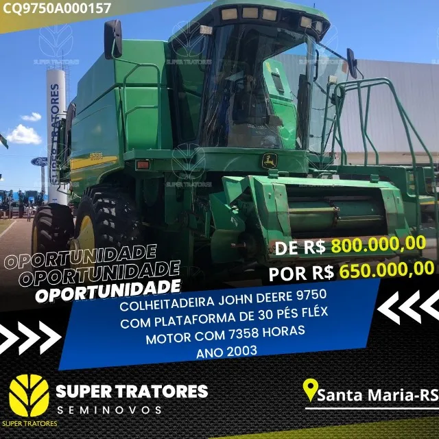Colheitadeira John Deere 9750 sojeira ano 2003, C/PL 30 pés fléx.