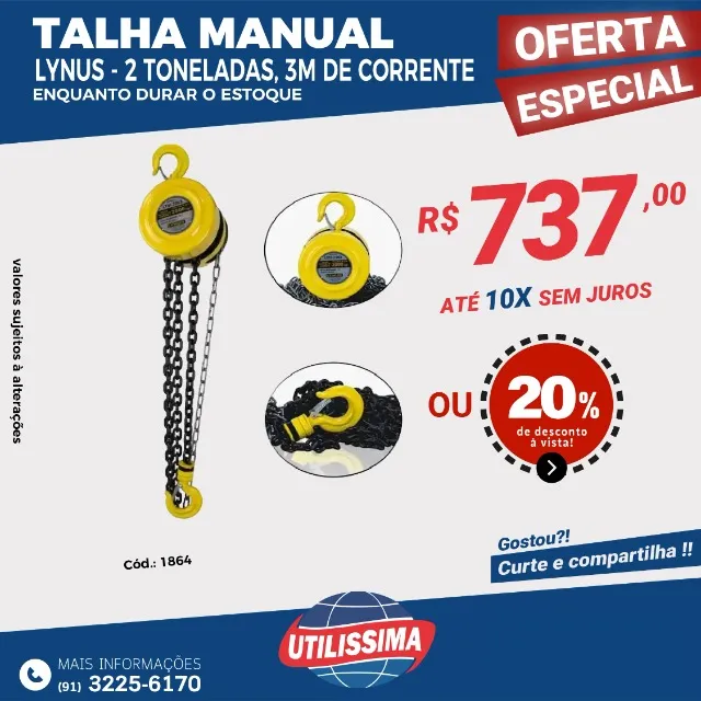 Talha manual de 2 toneladas e corrente de 3 metros Lynus