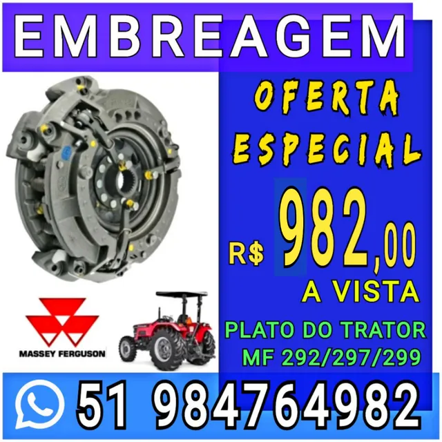 EMBREAGEM KIT PLATO E DISCO DO TRATOR MASSEY FERGUSON 292/397/299