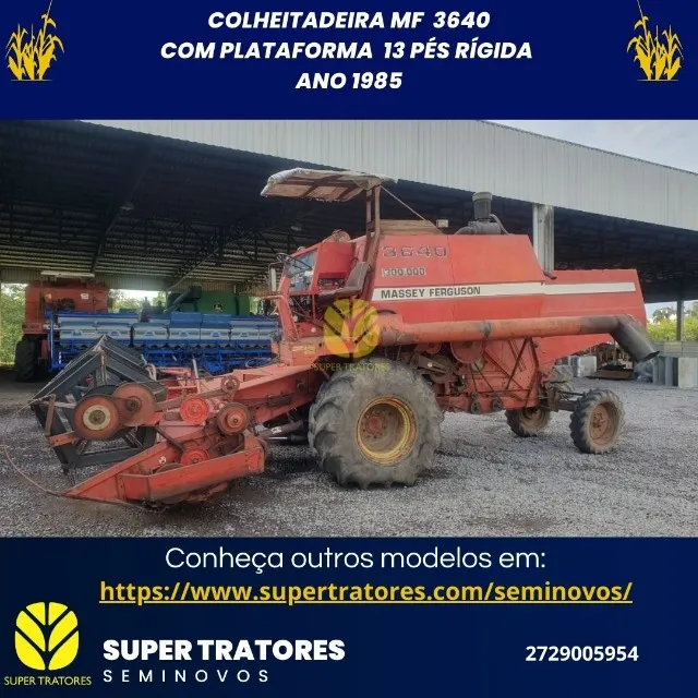 Colheitadeira de Arroz, MF 3640 ano 1985 com plataforma de 13 pés rígida