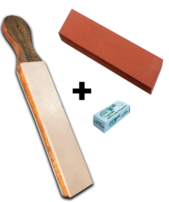 Kit Strop em couro + Pasta 145 g jacare + Pedra carborundum #400 Afiação e polimento de facas