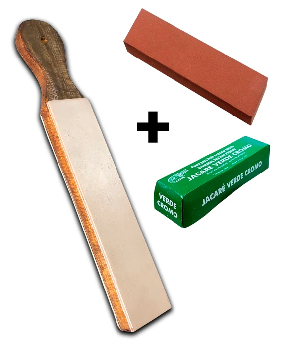 Kit Strop em couro + Pasta 400 g jacare + Pedra carborundum #400 Afiação e polimento de facas