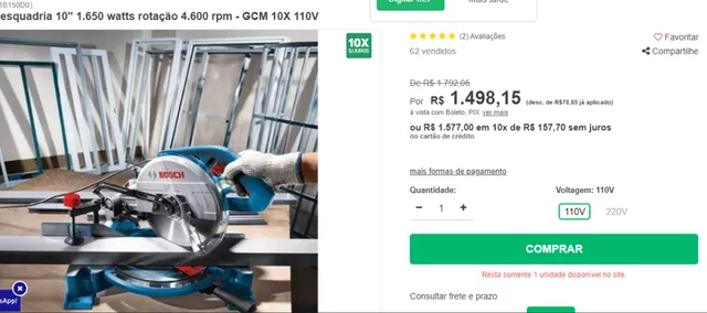 Serra meia esquadria 10" 1700 watts rotação 4.600 rpm - GCM 10X 220V
