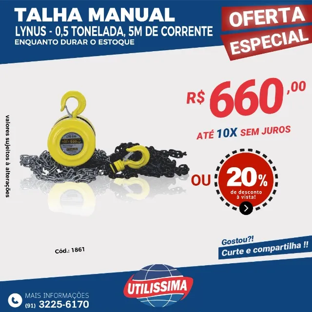 Talha manual 0,5T 5 metros de corrente - Lynus