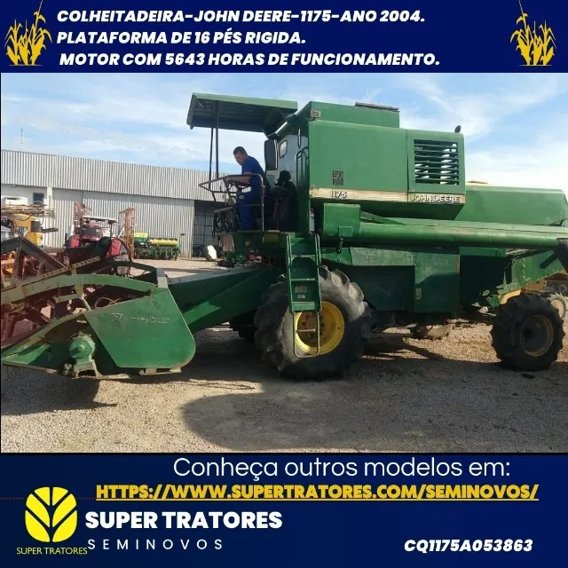 Colheitadeira de Arroz JD 1175 com plataforma de 16 pés rígida ano 2004.