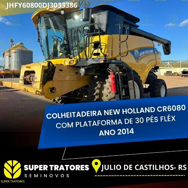 Sojeira, New Holland CR6080 ano 2014 com plataforma de 30 pés flexível.