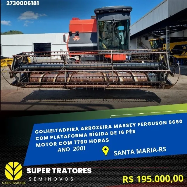 Colheitadeira arrozeira MF5650 ano 2001, C/PL 16 pés rígida.